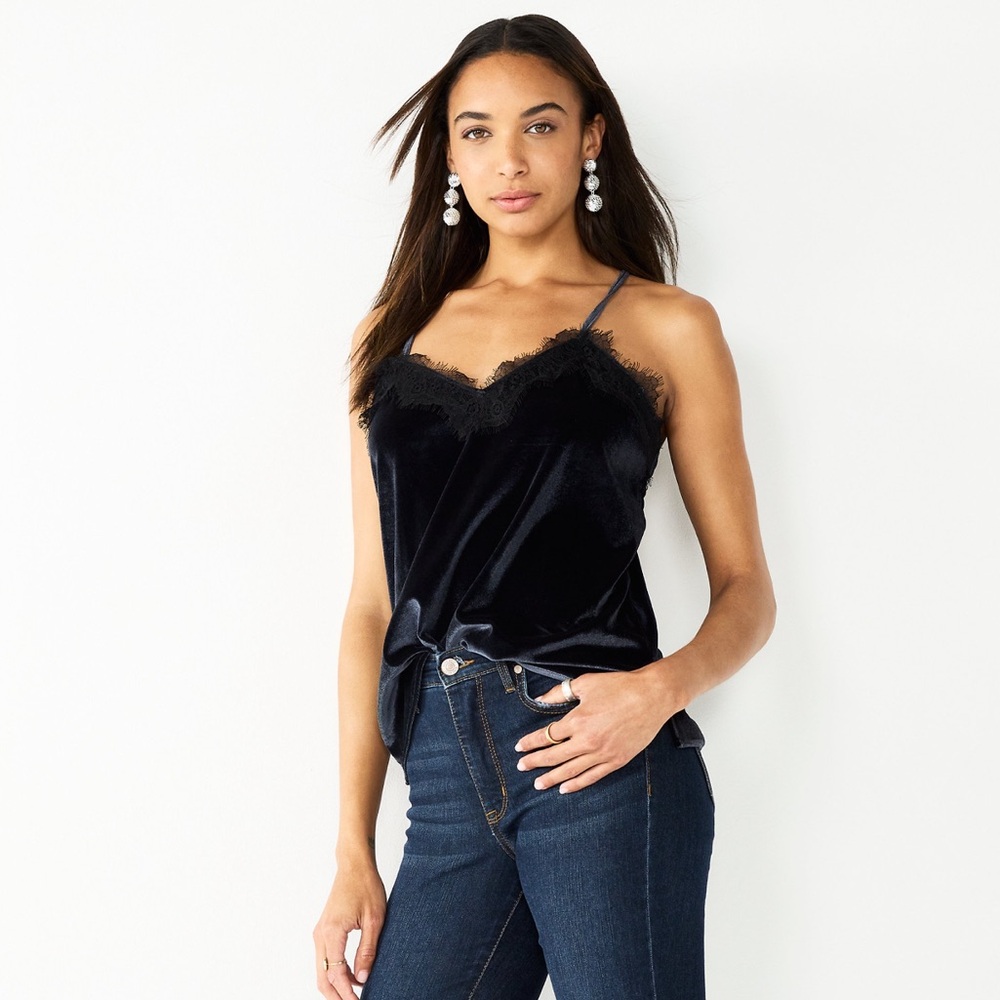 NINE WEST Black Velvet Lace Neck Racerback Cami Sz Small